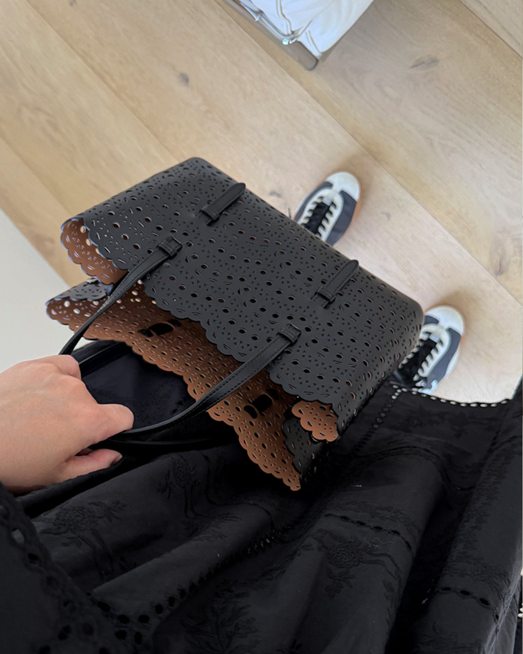 Lace-Cut Scallop Leather Tote Bag