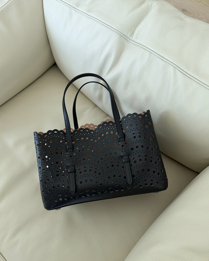 Lace-Cut Scallop Leather Tote Bag