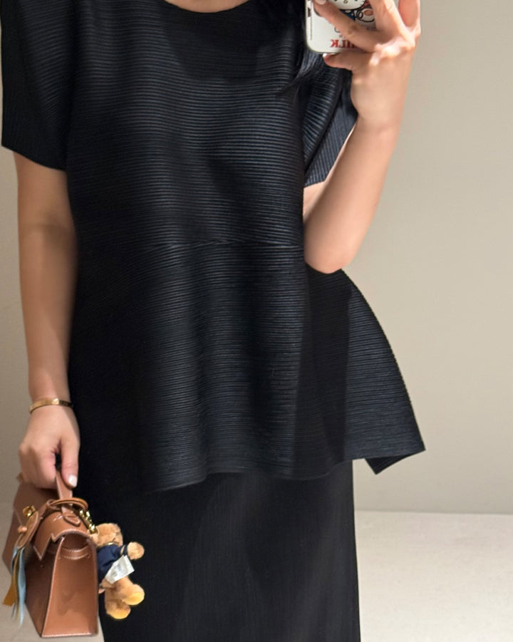 Asymmetric Pleated Top and Maxi Skirt Set