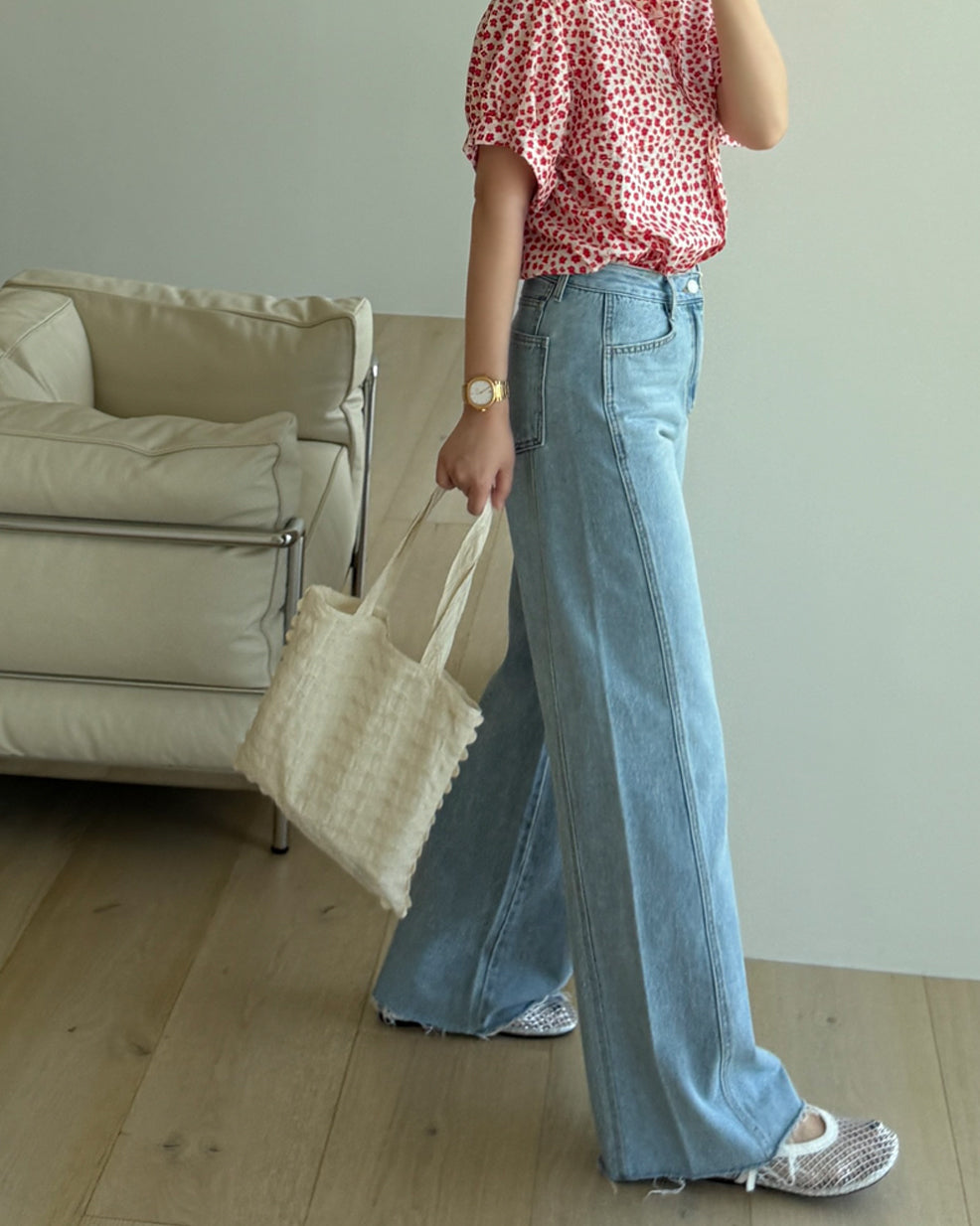 Front Seam Wide Leg Raw Hem Jeans