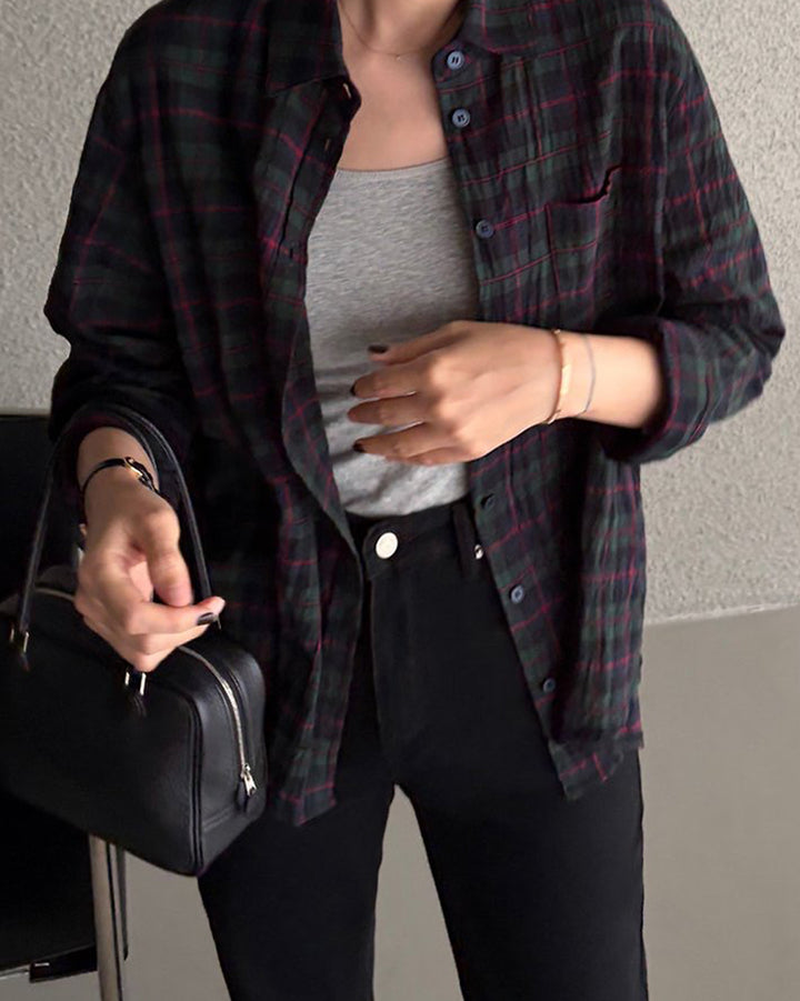 Lightweight Crinkled Plaid Shirt