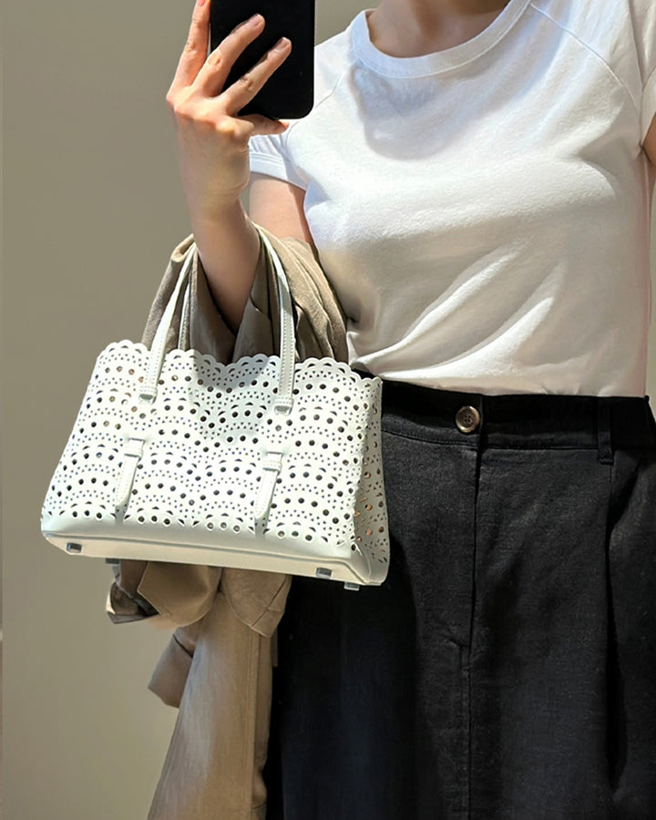 Lace-Cut Scallop Leather Tote Bag
