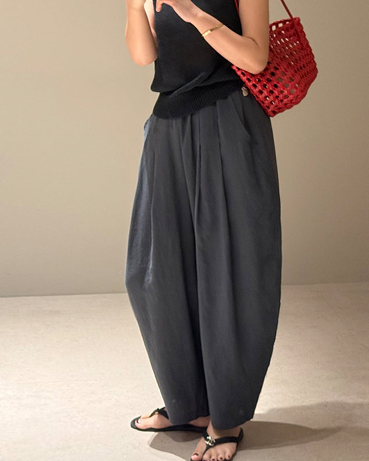 Pleated Linen Blend Baggy Pants
