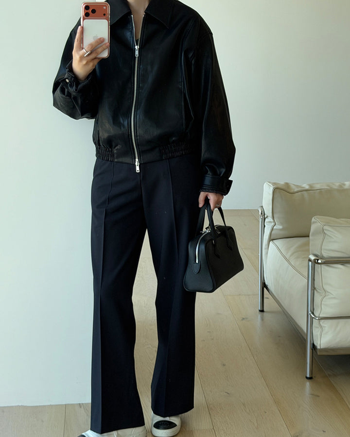 Two-Way Zip Leather Blouson Jacket