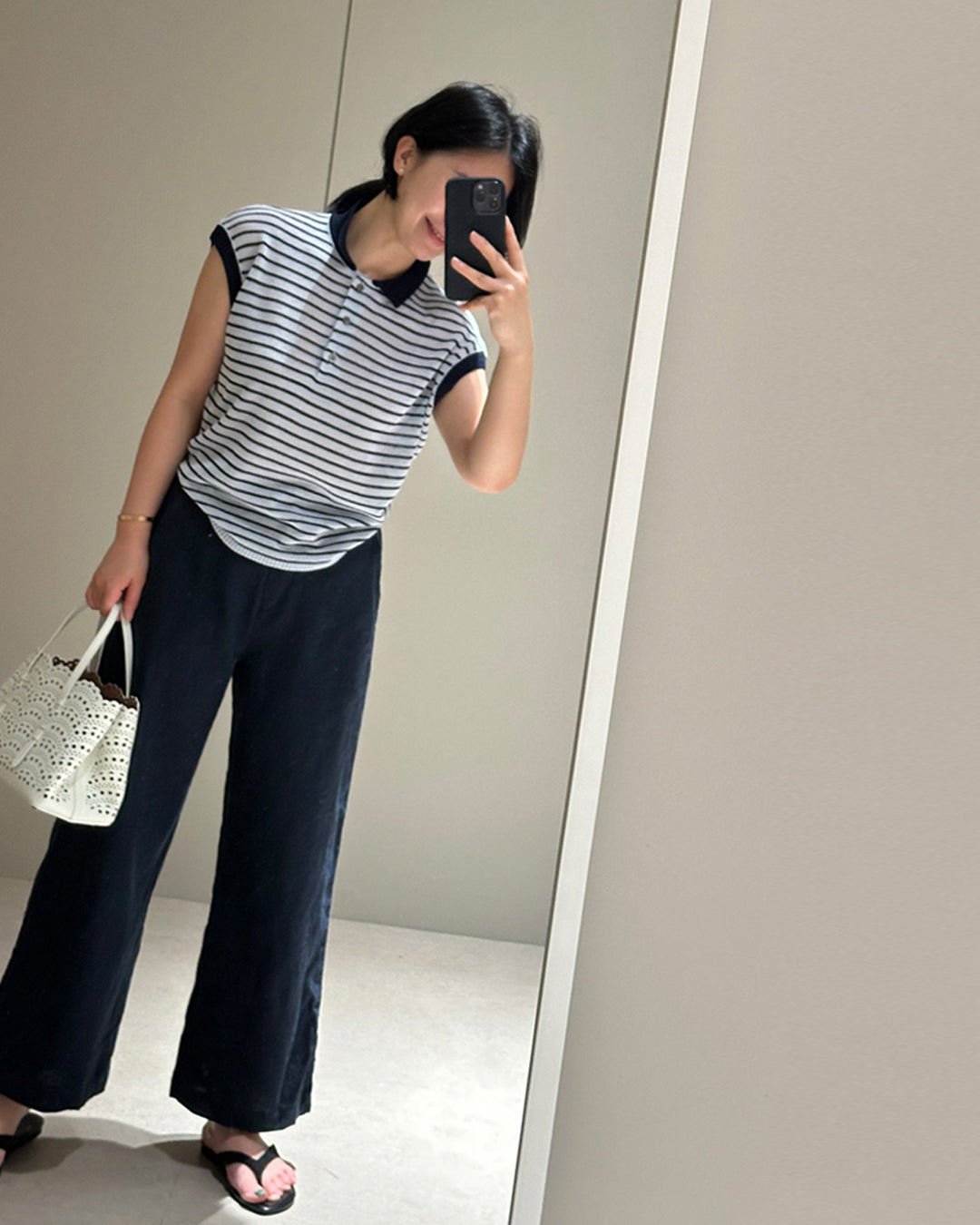 Cap Sleeve Striped Polo Knit Top
