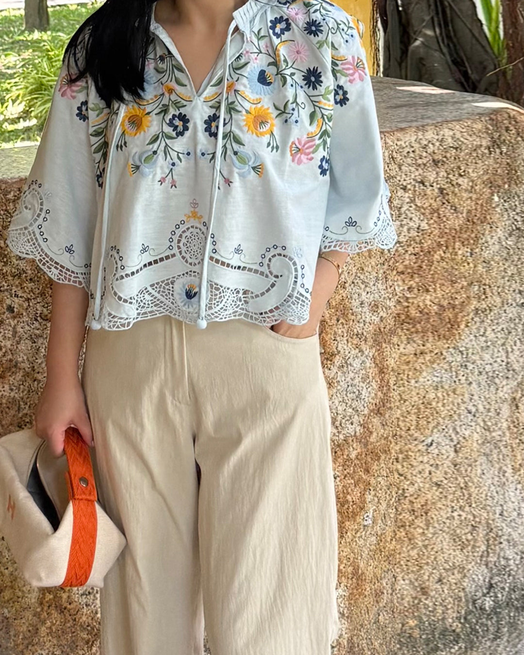 Botanical Embroidered Cutout Blouse