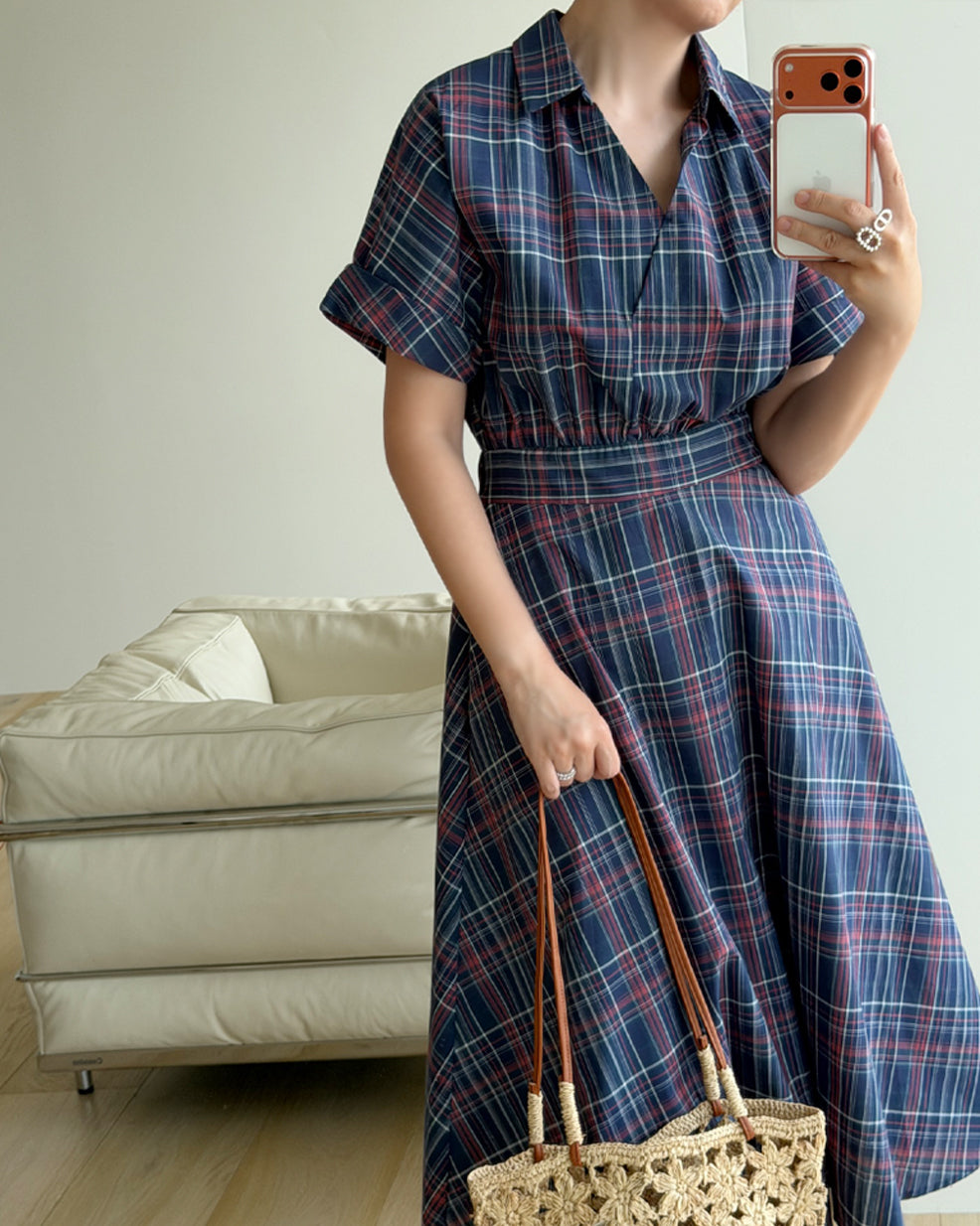 Plaid Short Sleeve Shirt Midi Dress
