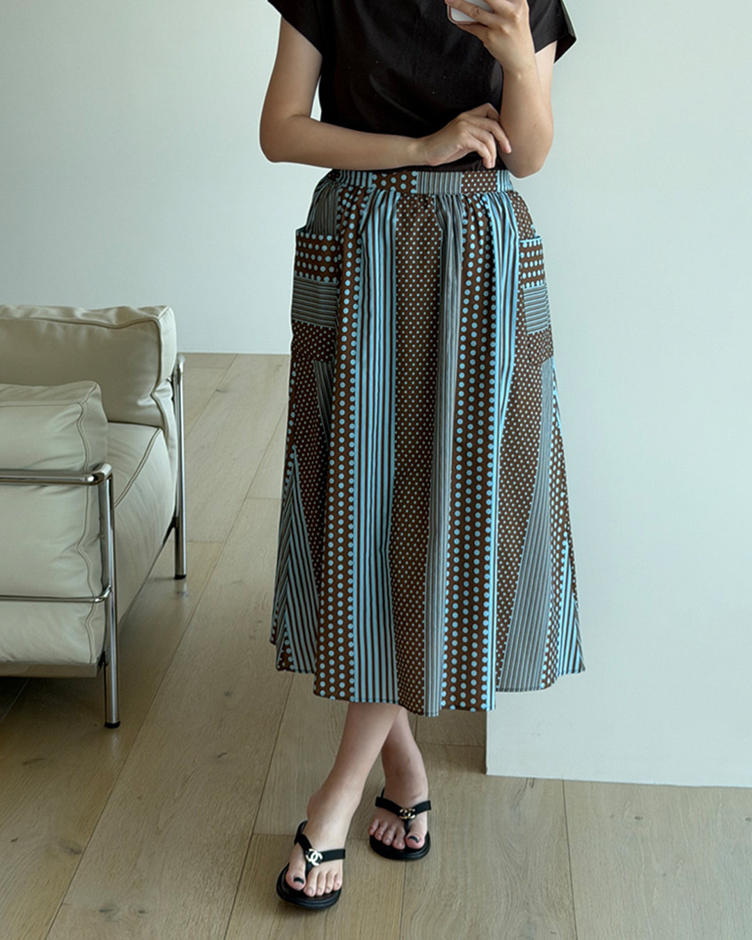 Dot Stripe Patchwork A-Line Midi Skirt