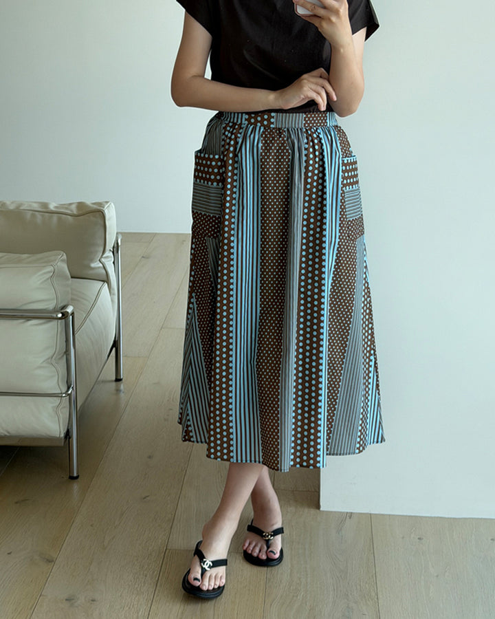 Dot Stripe Patchwork A-Line Midi Skirt