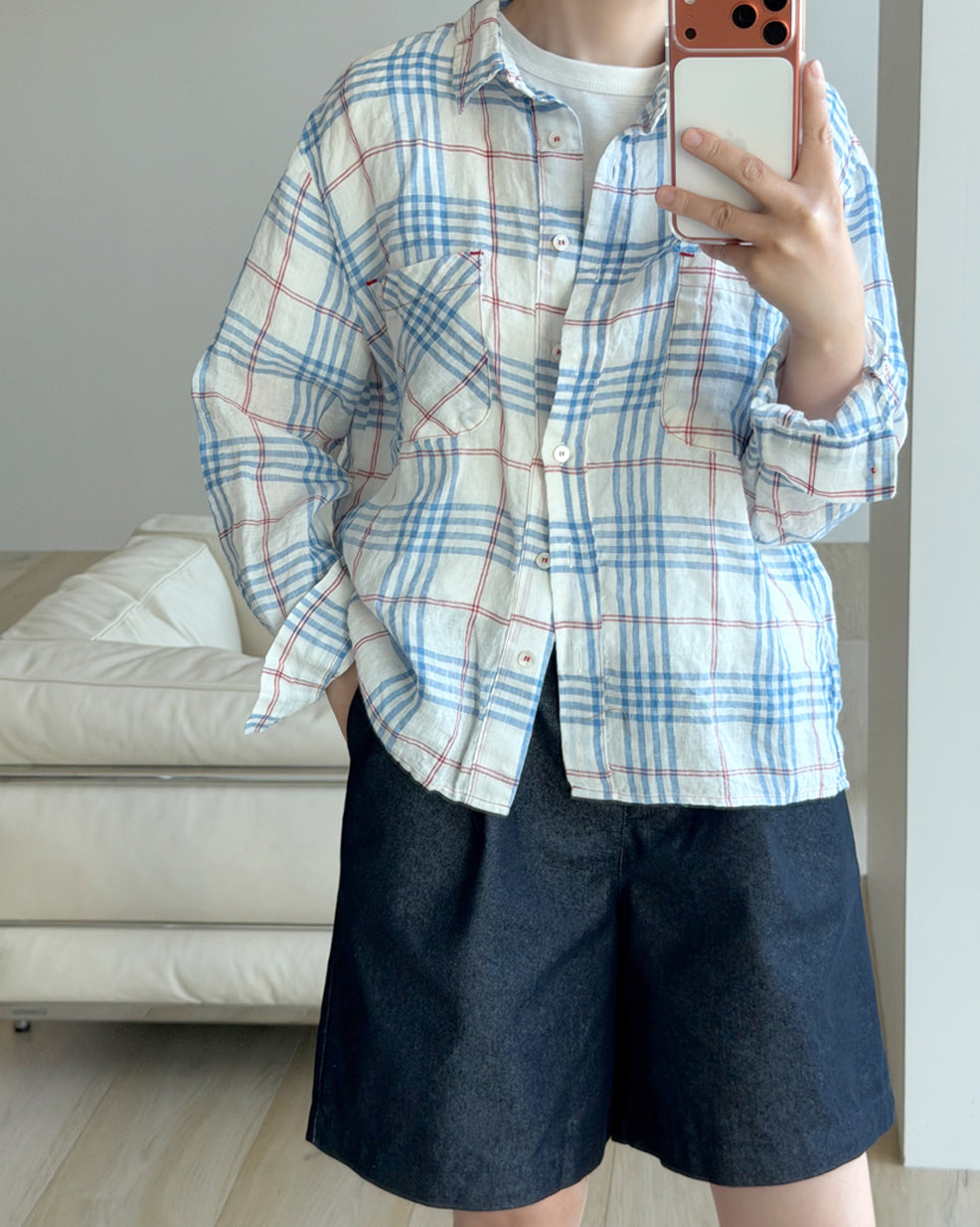 Storynine Airy Linen Plaid Shirt with Contrast Details