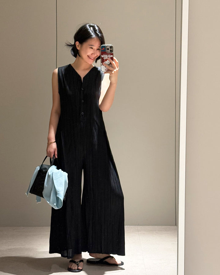 Pleated Sleeveless Wide-Leg Jumpsuit