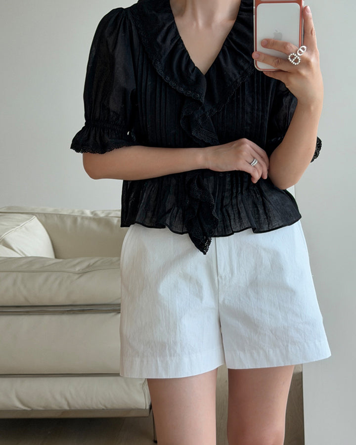 Lace Trim Ruffle Pintuck Blouse