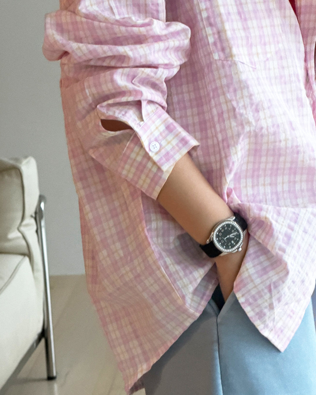 Oversized Pastel Plaid Button-Up Shirt