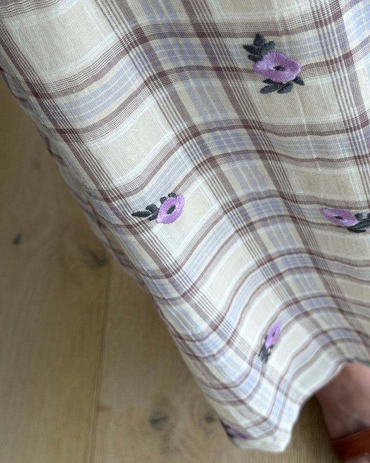 Vintage Floral Embroidered Plaid A-Line Long Skirt