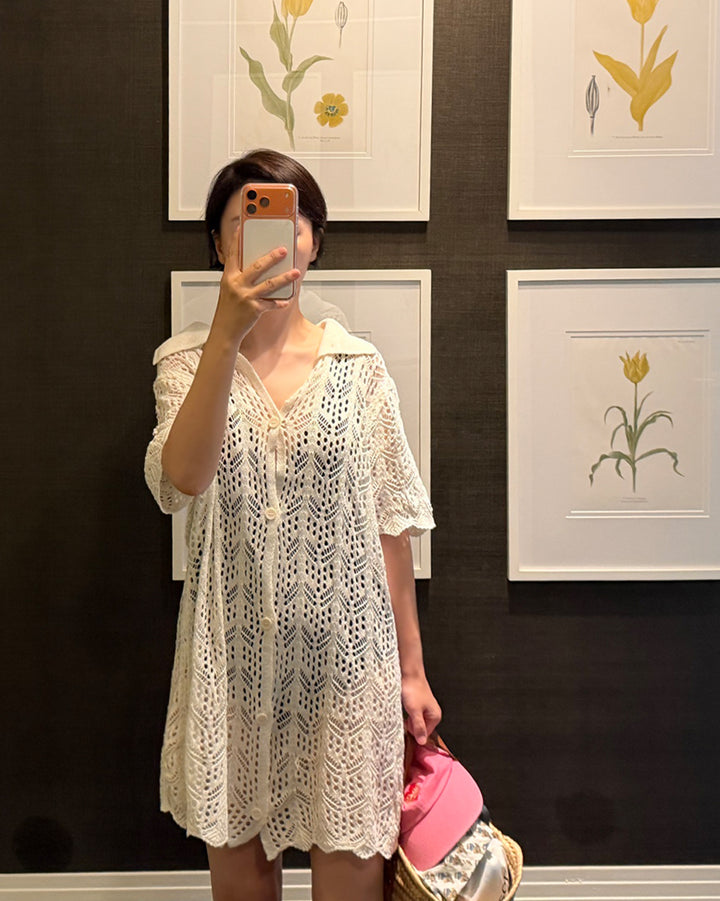 Crochet Knit Collared Cover-Up Cardigan