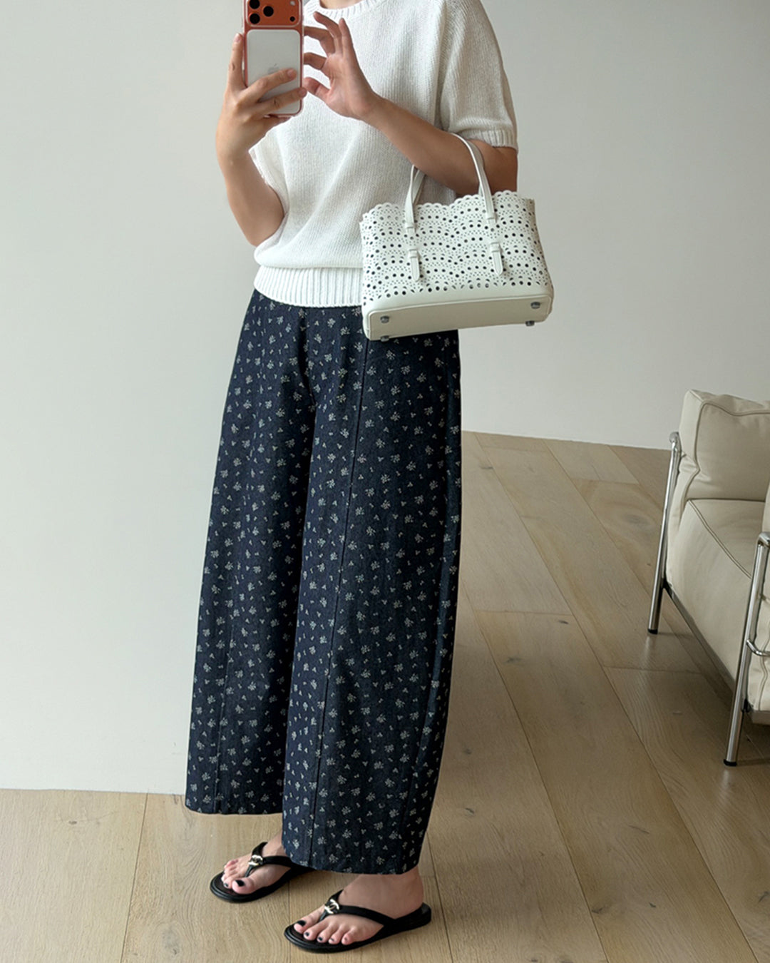 Cotton Blend Ditsy Floral Pintuck Pants