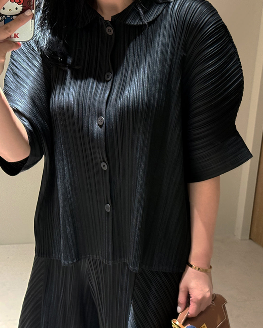 Textured Pleated Button-Down Blouse