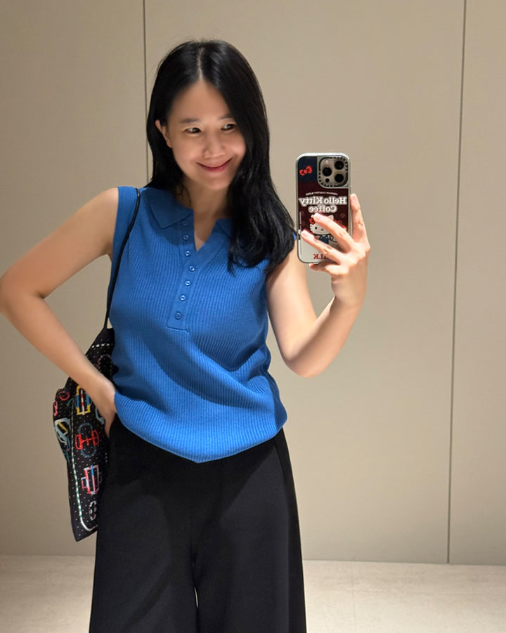 Ribbed Collared Sleeveless Knit Tank
