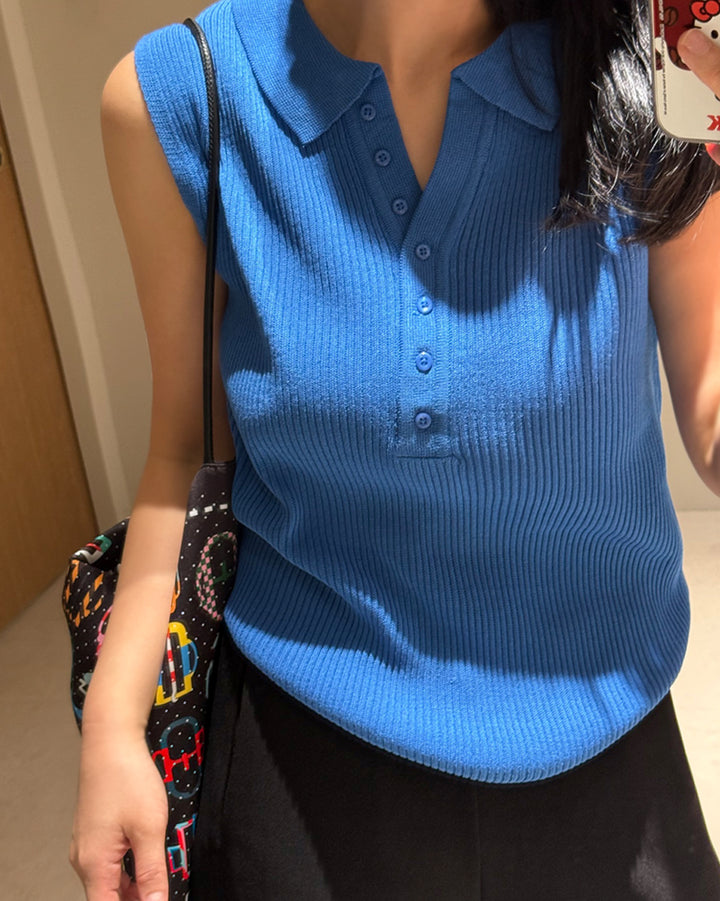 Ribbed Collared Sleeveless Knit Tank