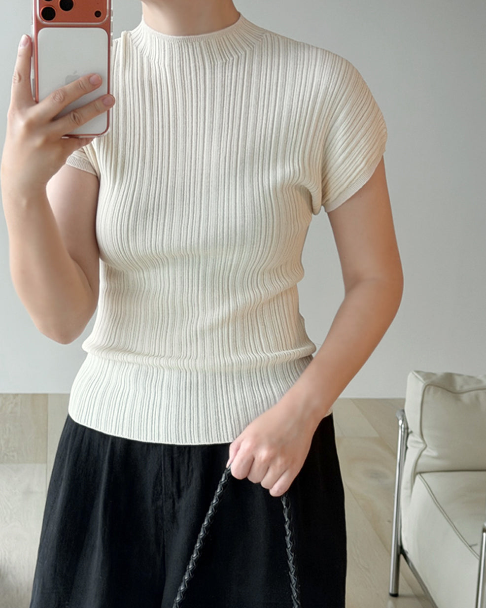 Cap-Sleeve Ribbed Knit Tee