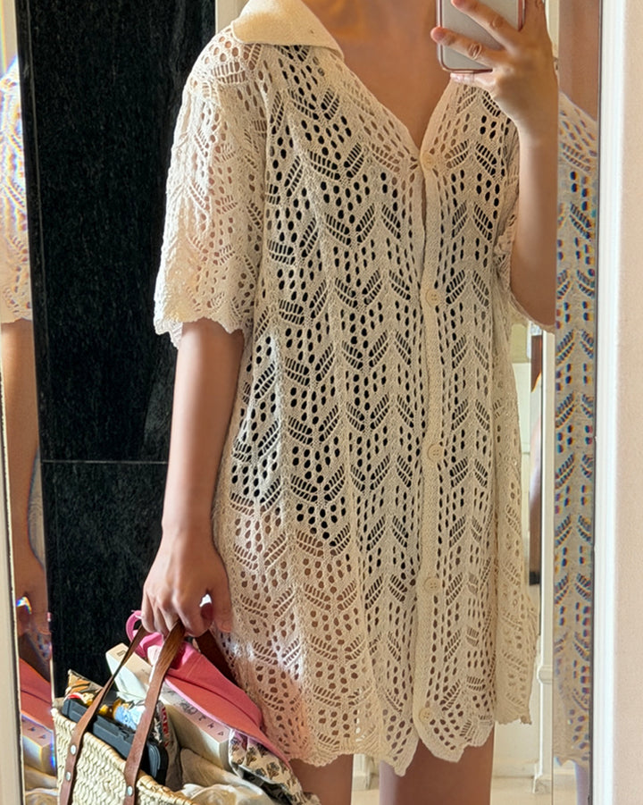Crochet Knit Collared Cover-Up Cardigan
