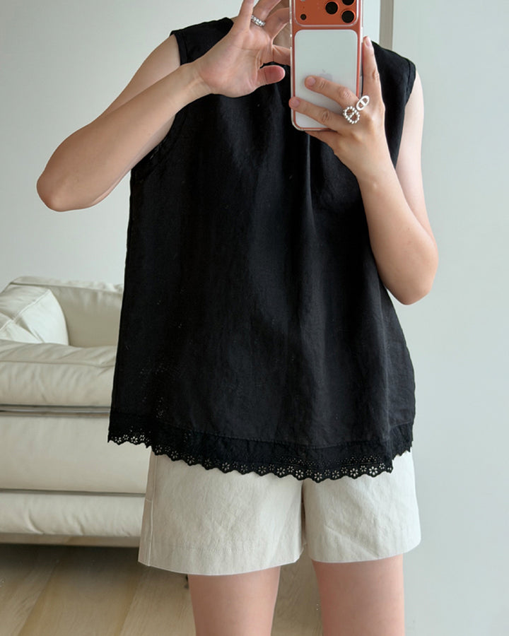 Linen Eyelet Lace Sleeveless Top