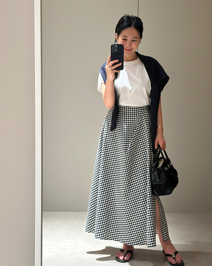 Gingham Check Side-Slit Maxi Skirt