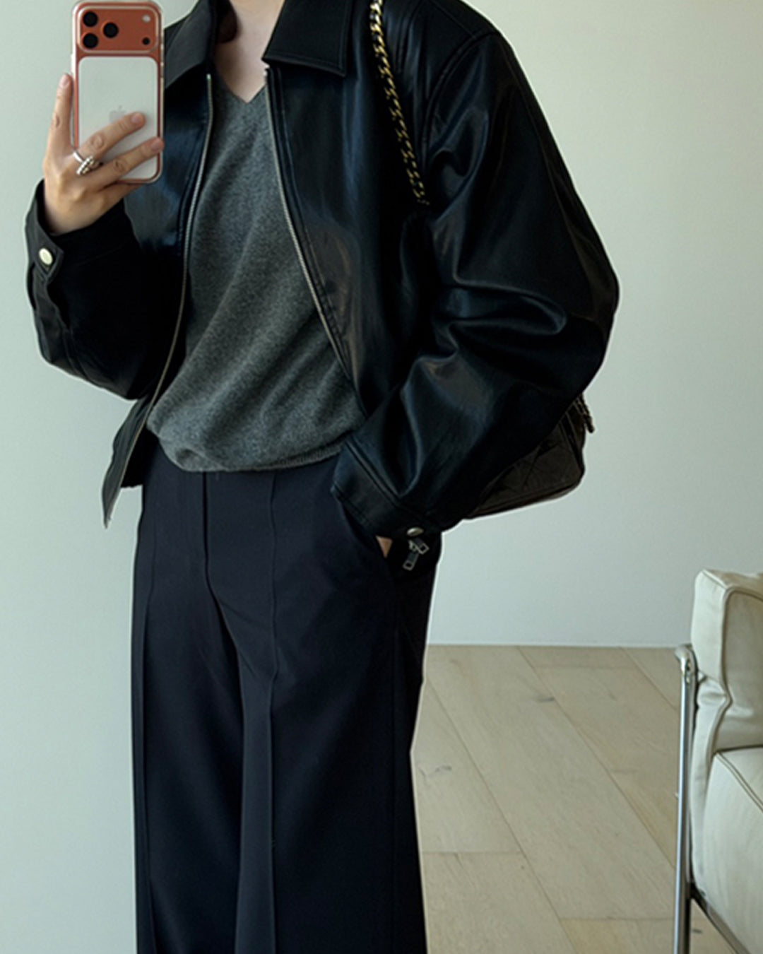 Two-Way Zip Leather Blouson Jacket