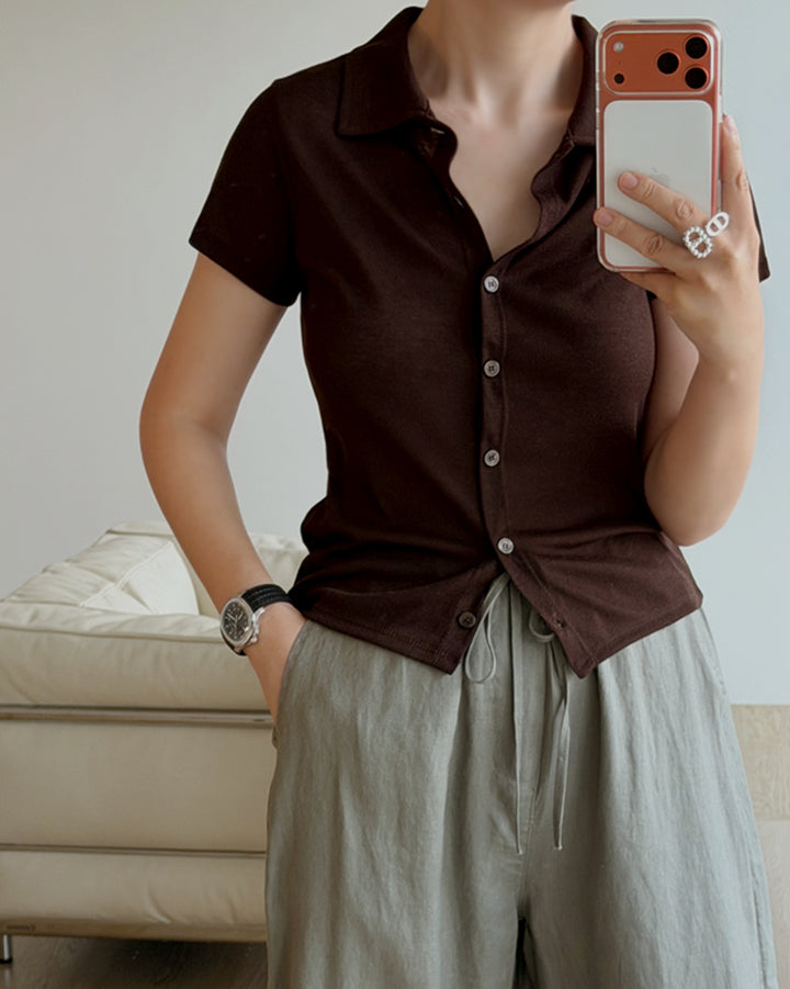 Slim Fit Button-Up Knit Polo Shirt