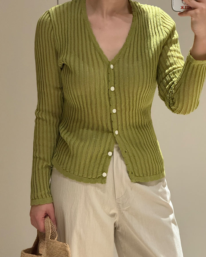 Linen Blend Sheer Ribbed Knit Cardigan