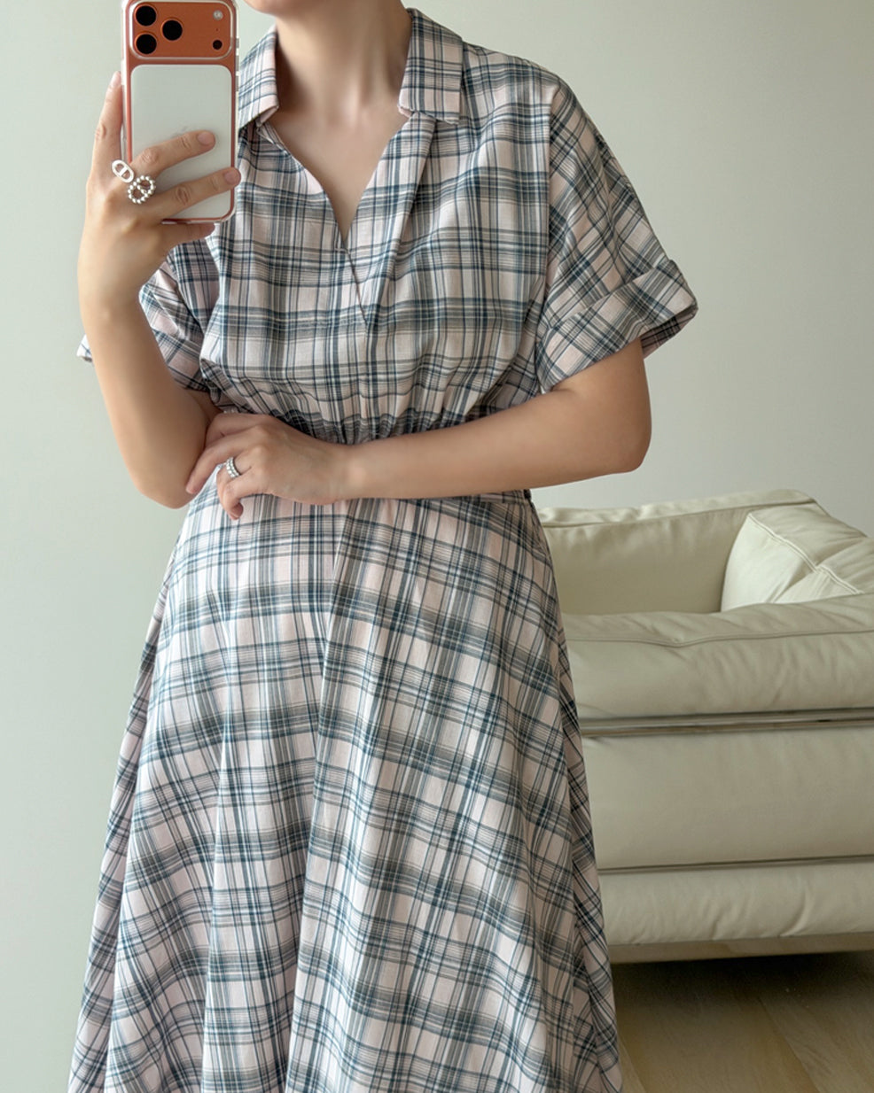 Plaid Short Sleeve Shirt Midi Dress