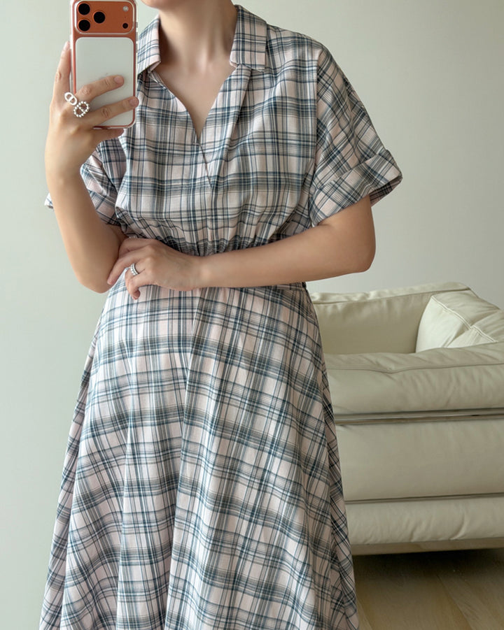 Plaid Short Sleeve Shirt Midi Dress