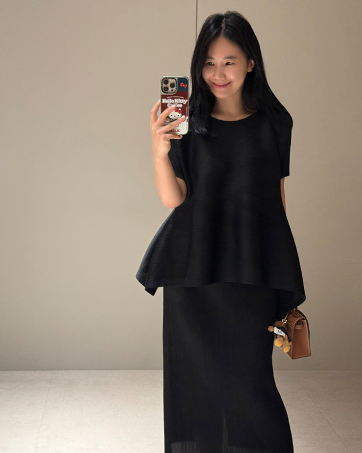 Asymmetric Pleated Top and Maxi Skirt Set