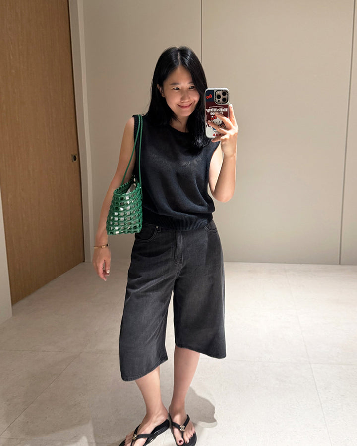 Loose Fit Washed Black Denim Shorts