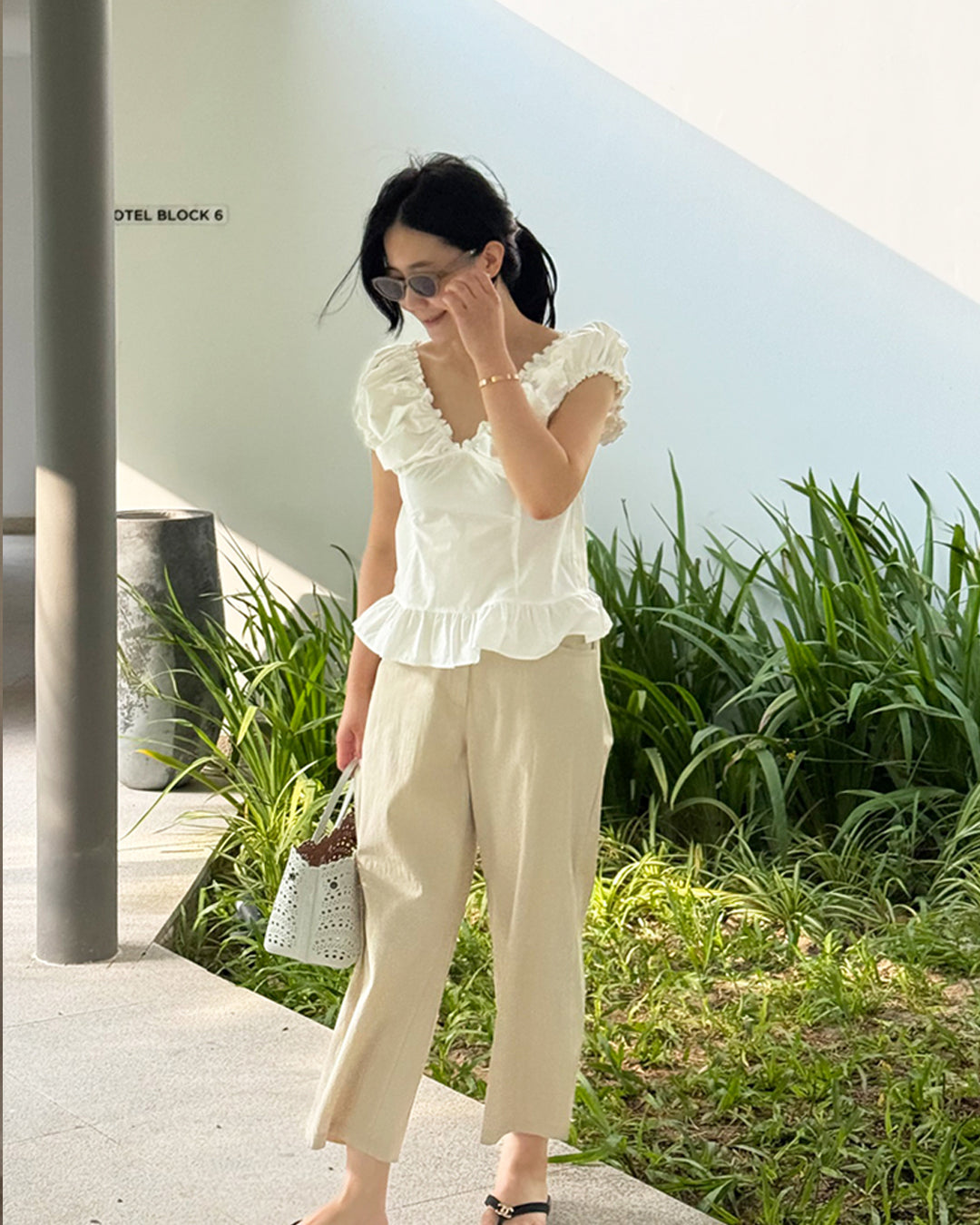 Cotton Ruffled Cap Sleeve Peplum Blouse