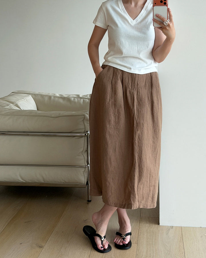 Natural Linen Tuck Midi Skirt