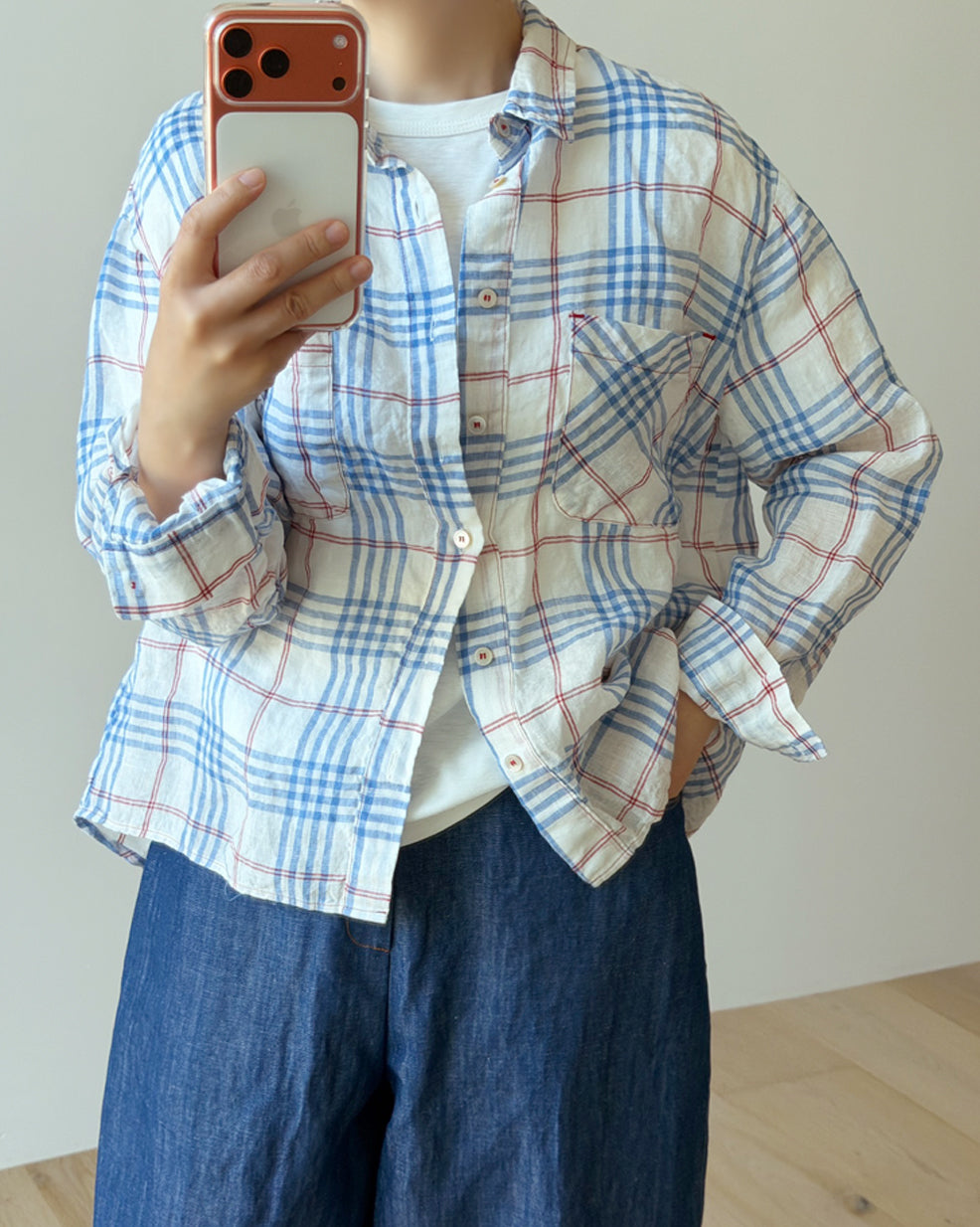 Storynine Airy Linen Plaid Shirt with Contrast Details