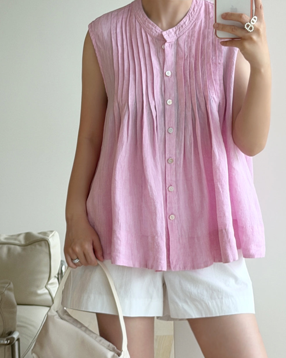 Pure Linen Pintuck Sleeveless Blouse