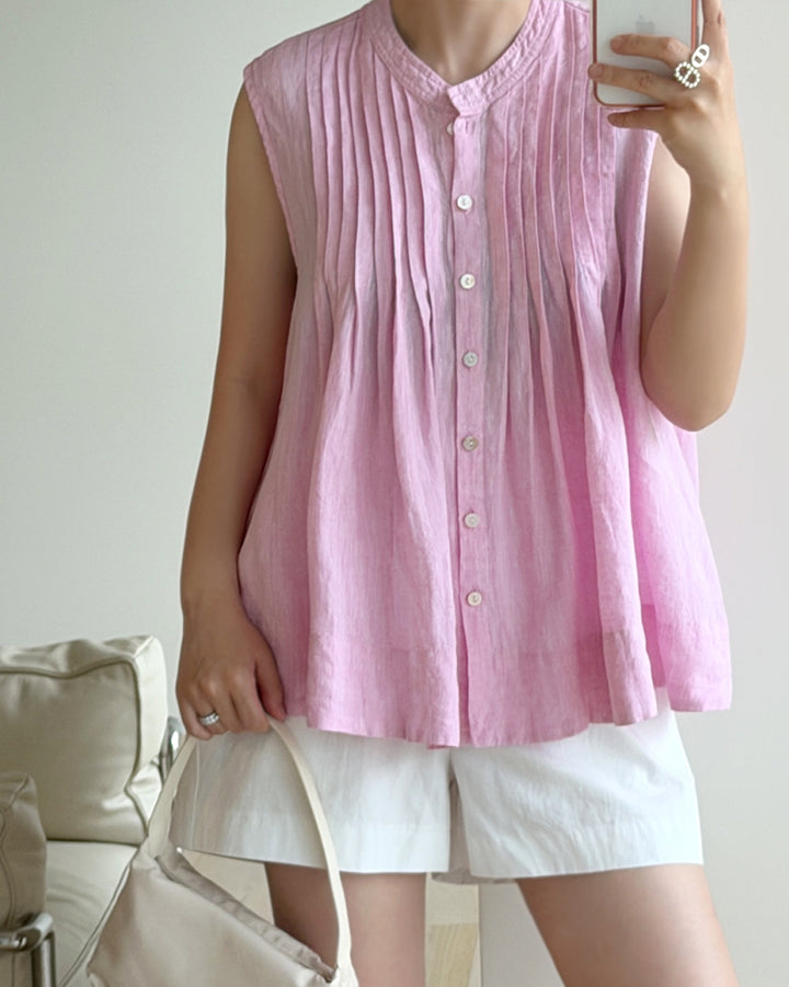 Pure Linen Pintuck Sleeveless Blouse