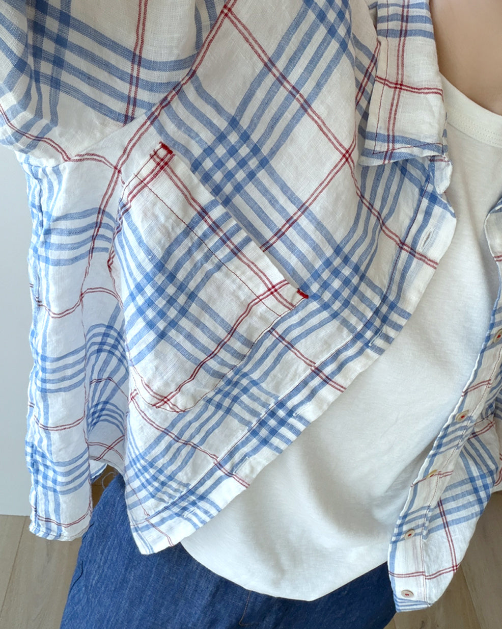 Storynine Airy Linen Plaid Shirt with Contrast Details