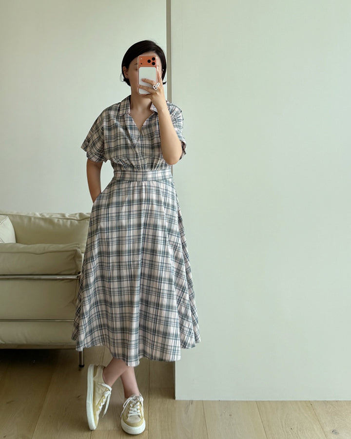 Plaid Short Sleeve Shirt Midi Dress