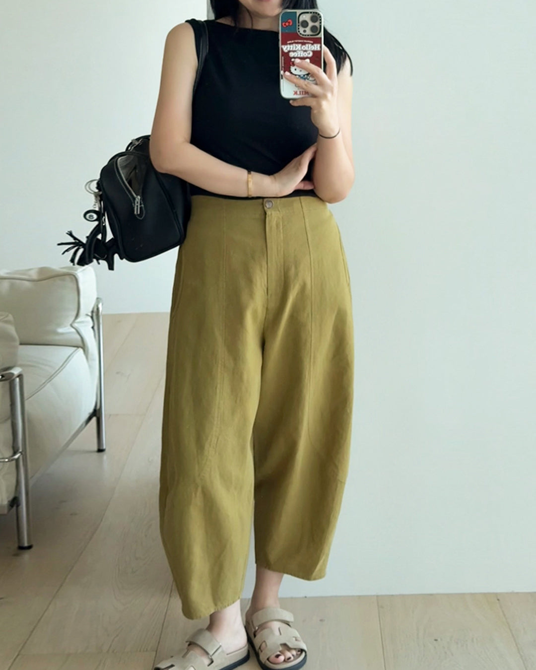 Linen Blend Wide Leg Barrel Pants