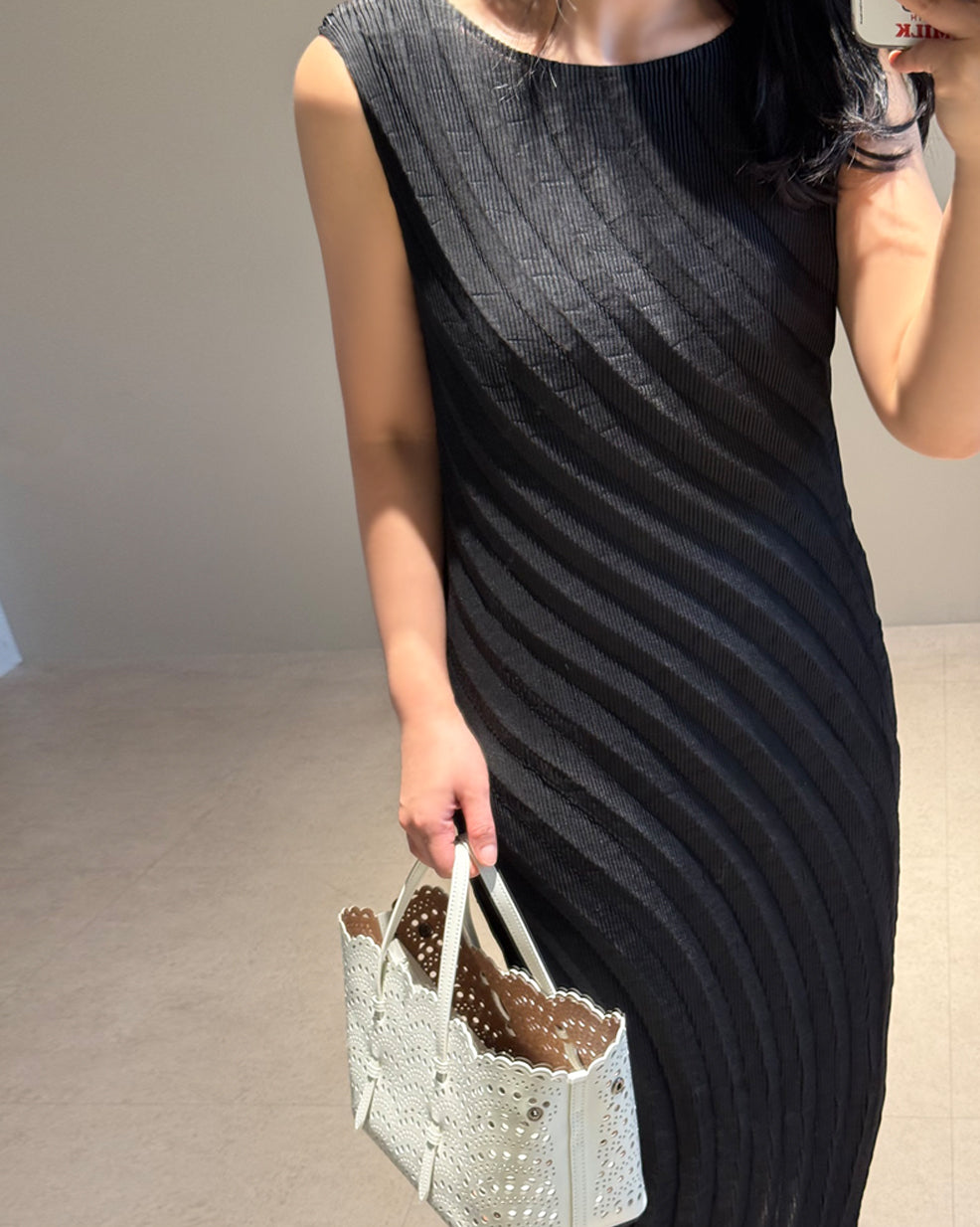 Textured Pleated Sleeveless Long Dress