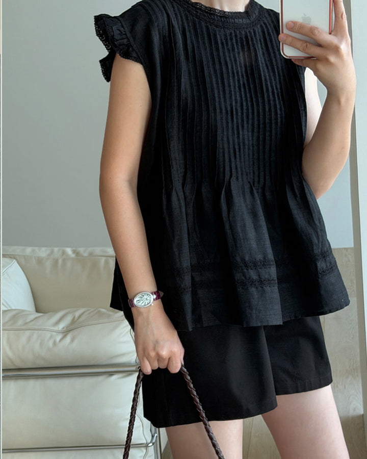 100% Linen Pintuck Ruffle Blouse