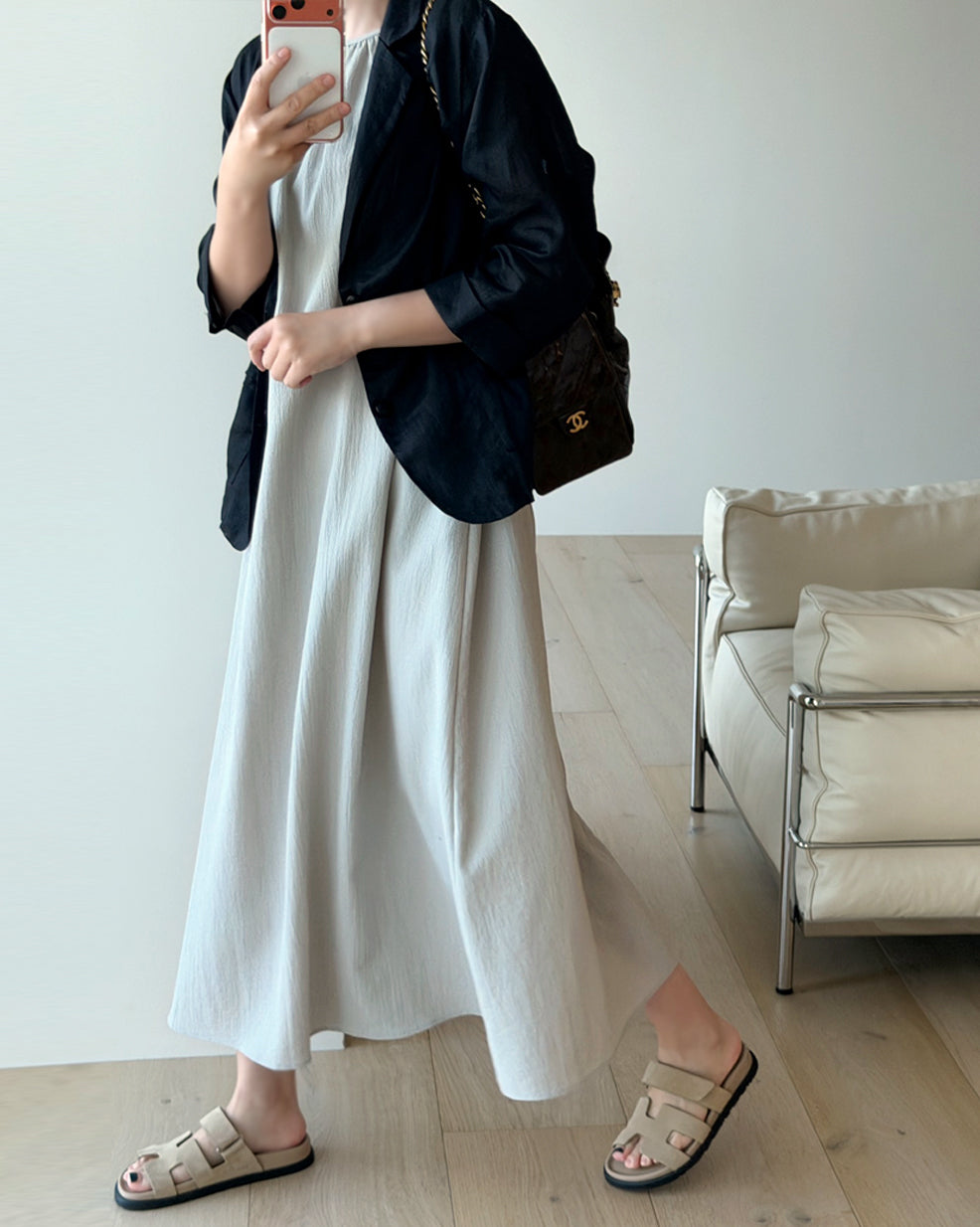 Gathered Neck Textured Long Dress