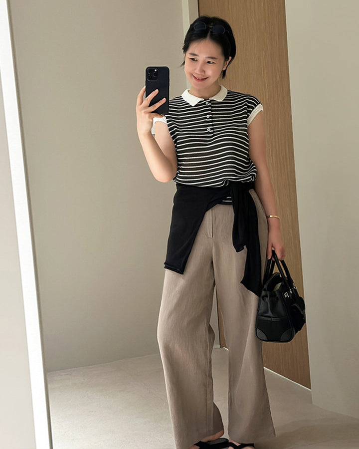 Cap Sleeve Striped Polo Knit Top