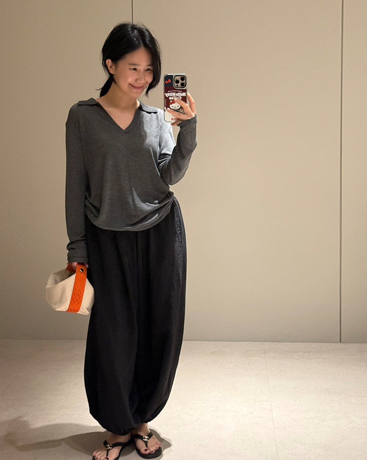 V-Neck Open Collar Knit Top