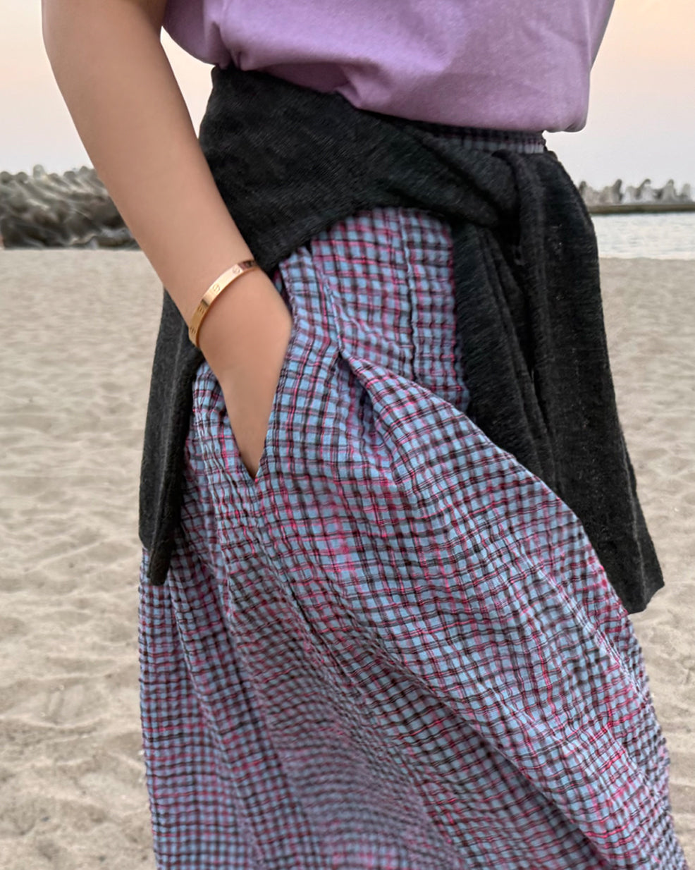 Textured Plaid Pleated Maxi Skirt