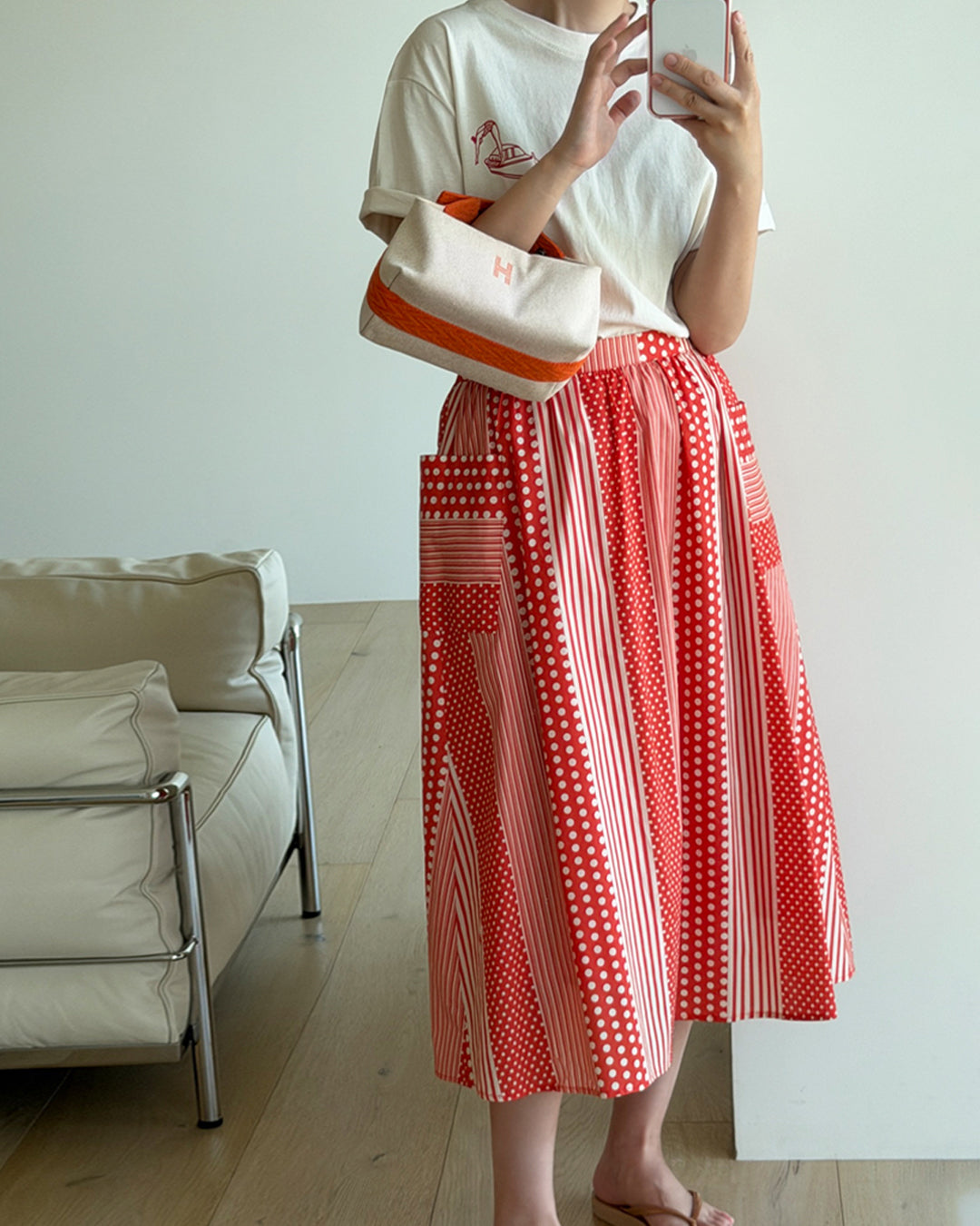 Dot Stripe Patchwork A-Line Midi Skirt