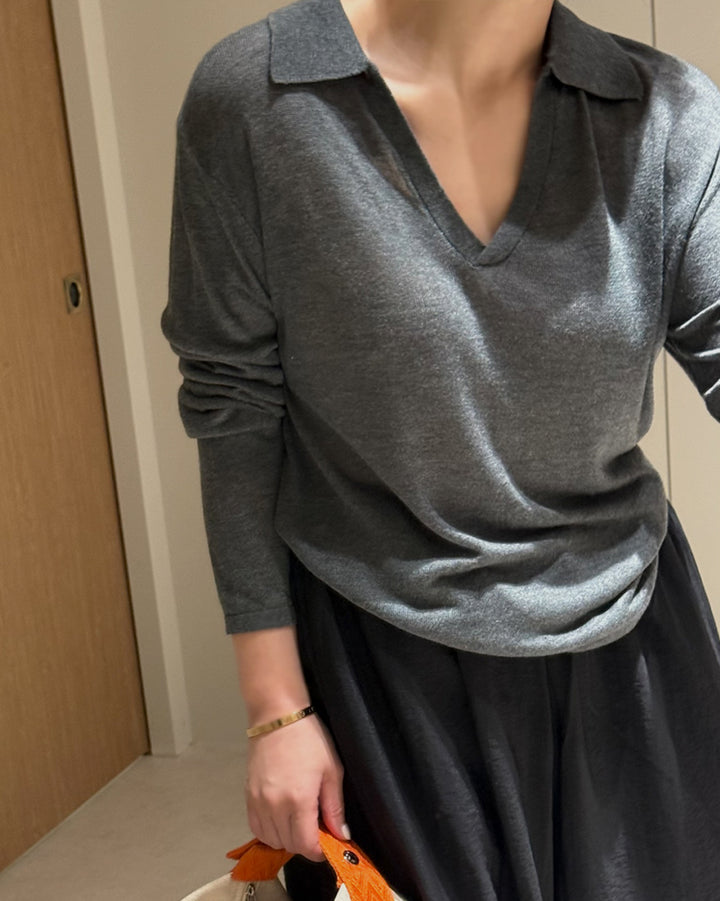 V-Neck Open Collar Knit Top